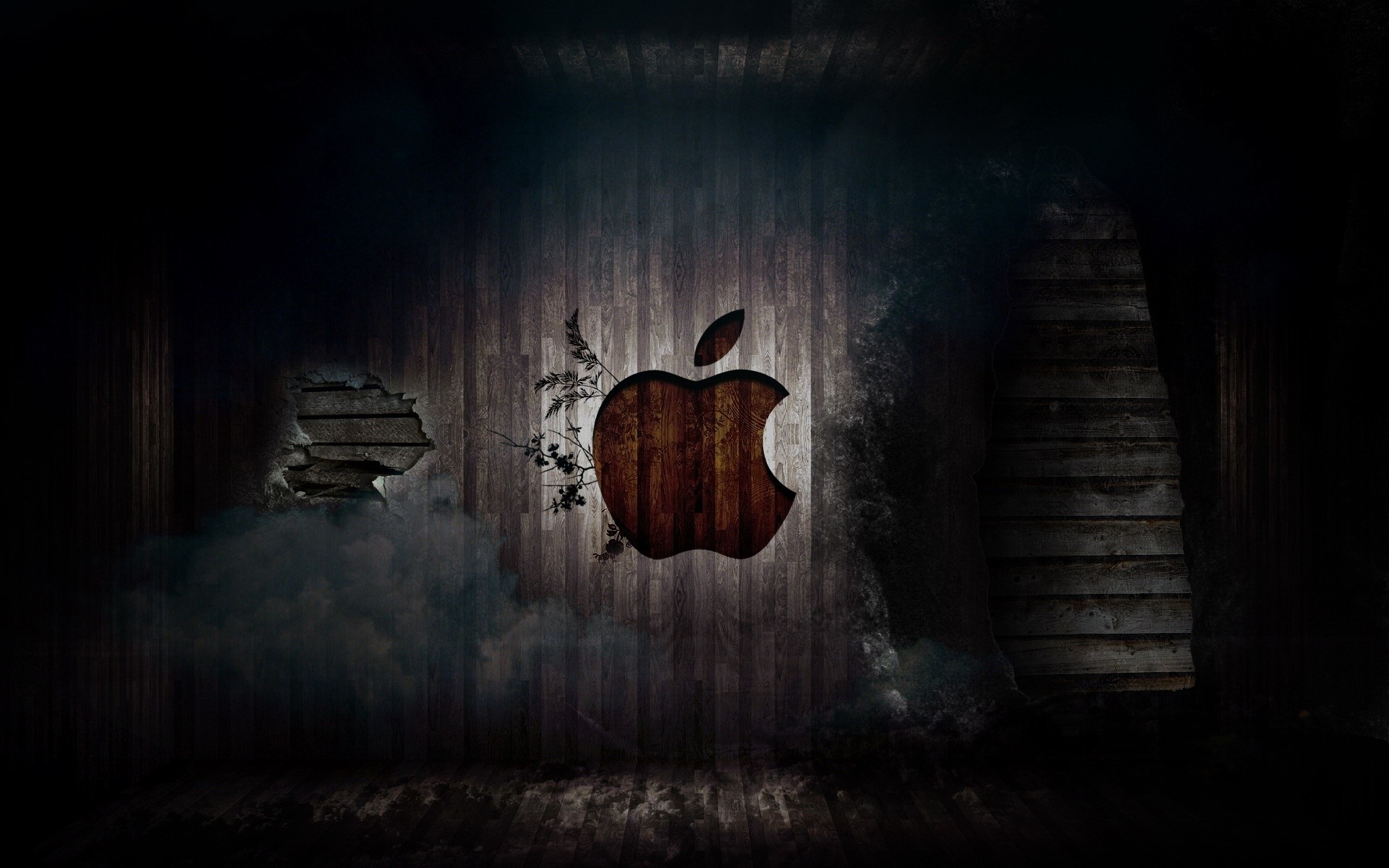 apple sombre vintage vieux lumière art abandonné ombre fantasmagorique bois mystère mur logo apple logo apple fond