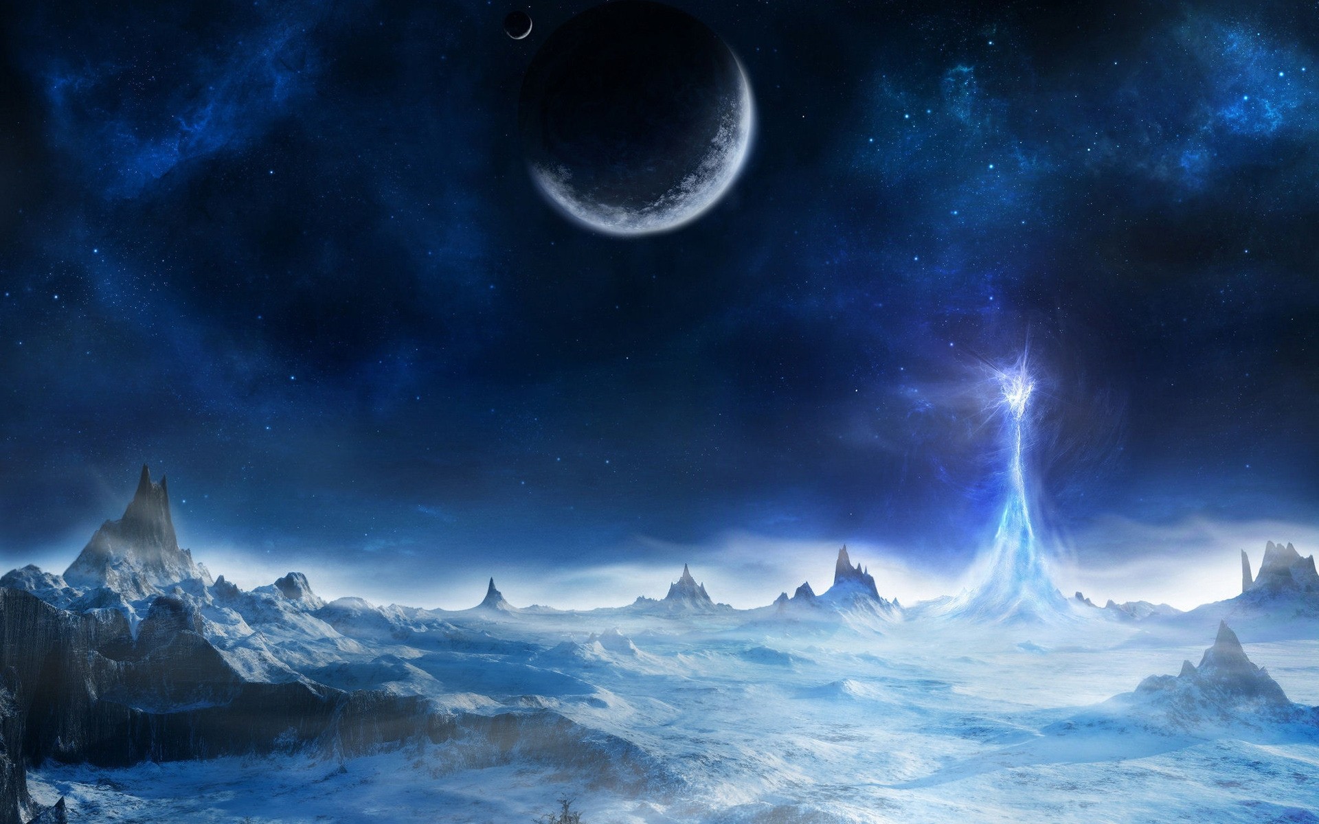 photo manipulation moon sky nature space astronomy winter sun planet cold light desktop dark galaxy outdoors snow fair weather weather atmosphere exploration mountain stars background