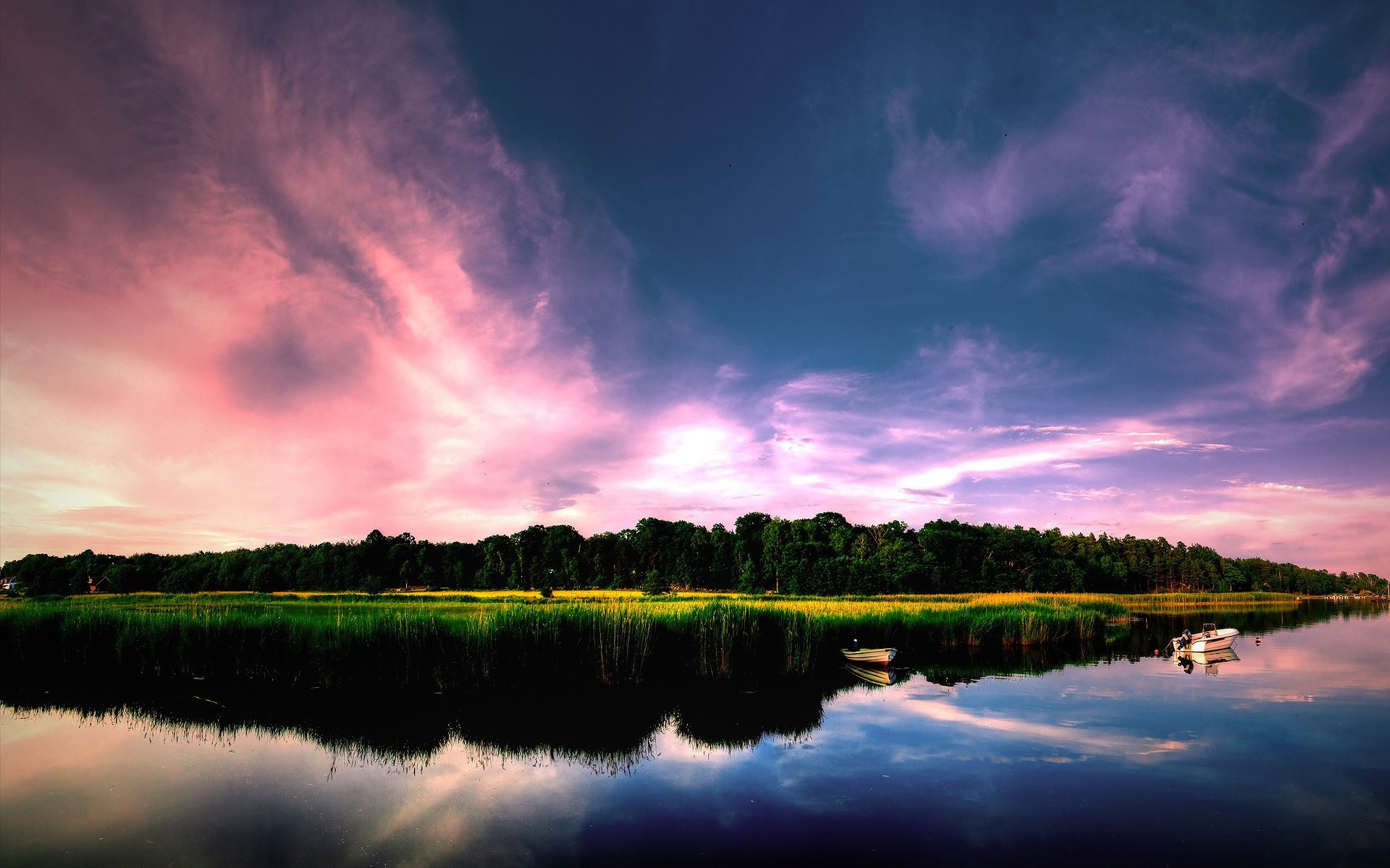 paysage eau nature coucher de soleil réflexion aube lac été ciel paysage à l extérieur soir soleil beau temps rural lumineux sang-froid forêt bateau fond