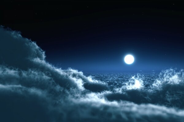 Night moon over thick cumulus clouds