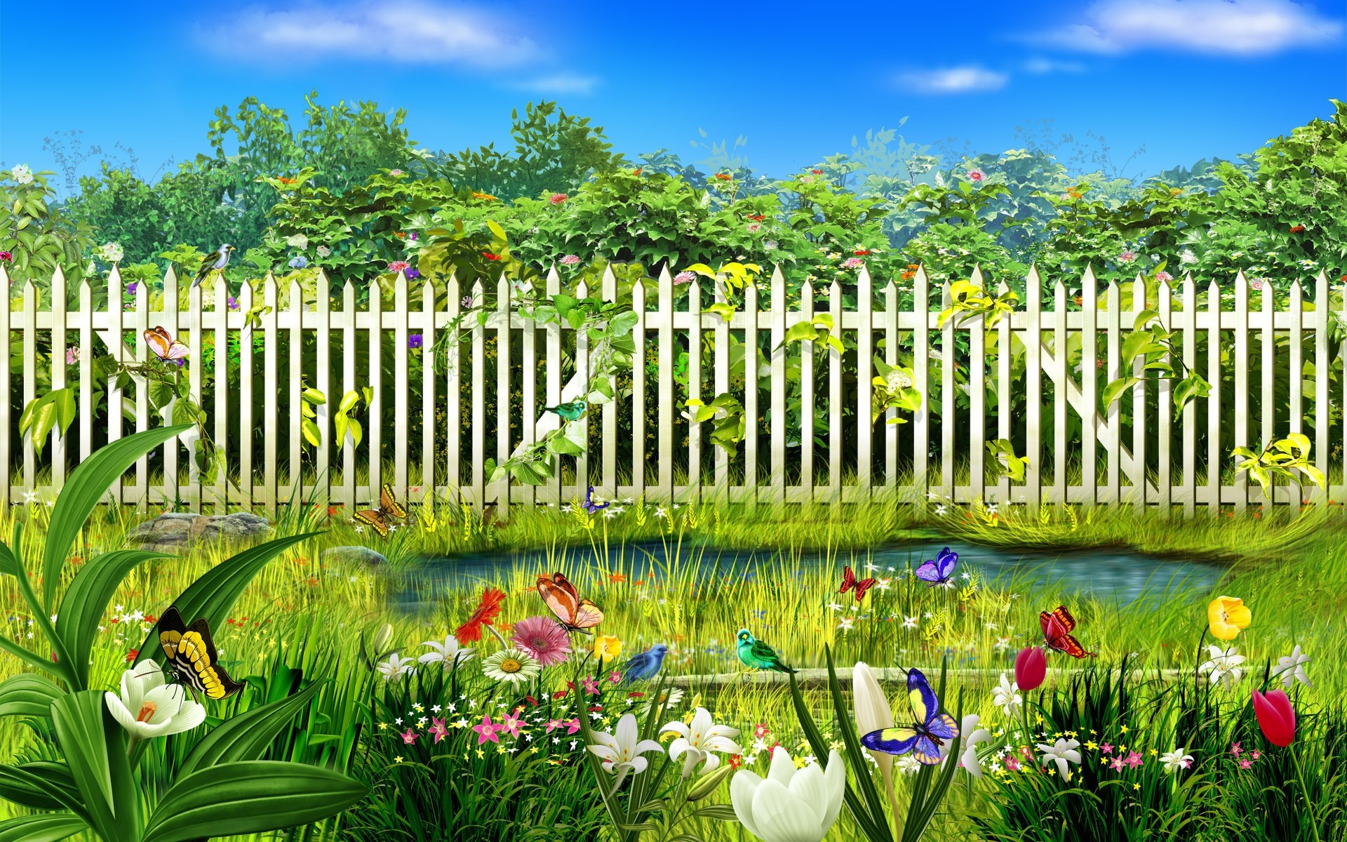 landscapes grass garden nature flower summer flora leaf lawn outdoors landscape fence growth sky park rural tree field flowers plants colors background