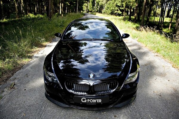 A luxury Bmw car is on the road in the woods