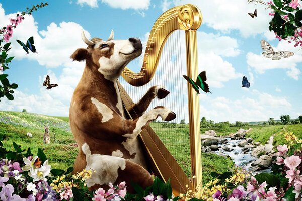Glückliche Kuh spielt Harfe