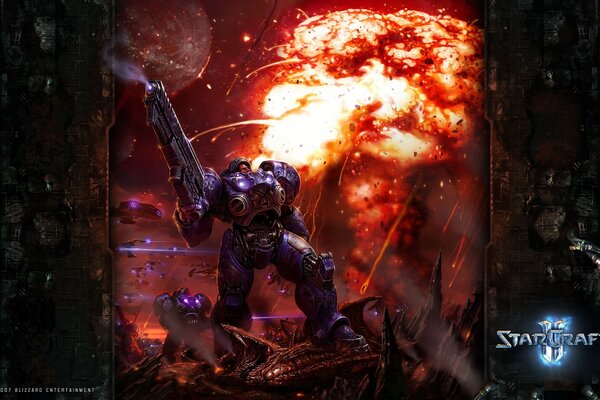 Starcraft-Infanterist vor dem Hintergrund einer Explosion