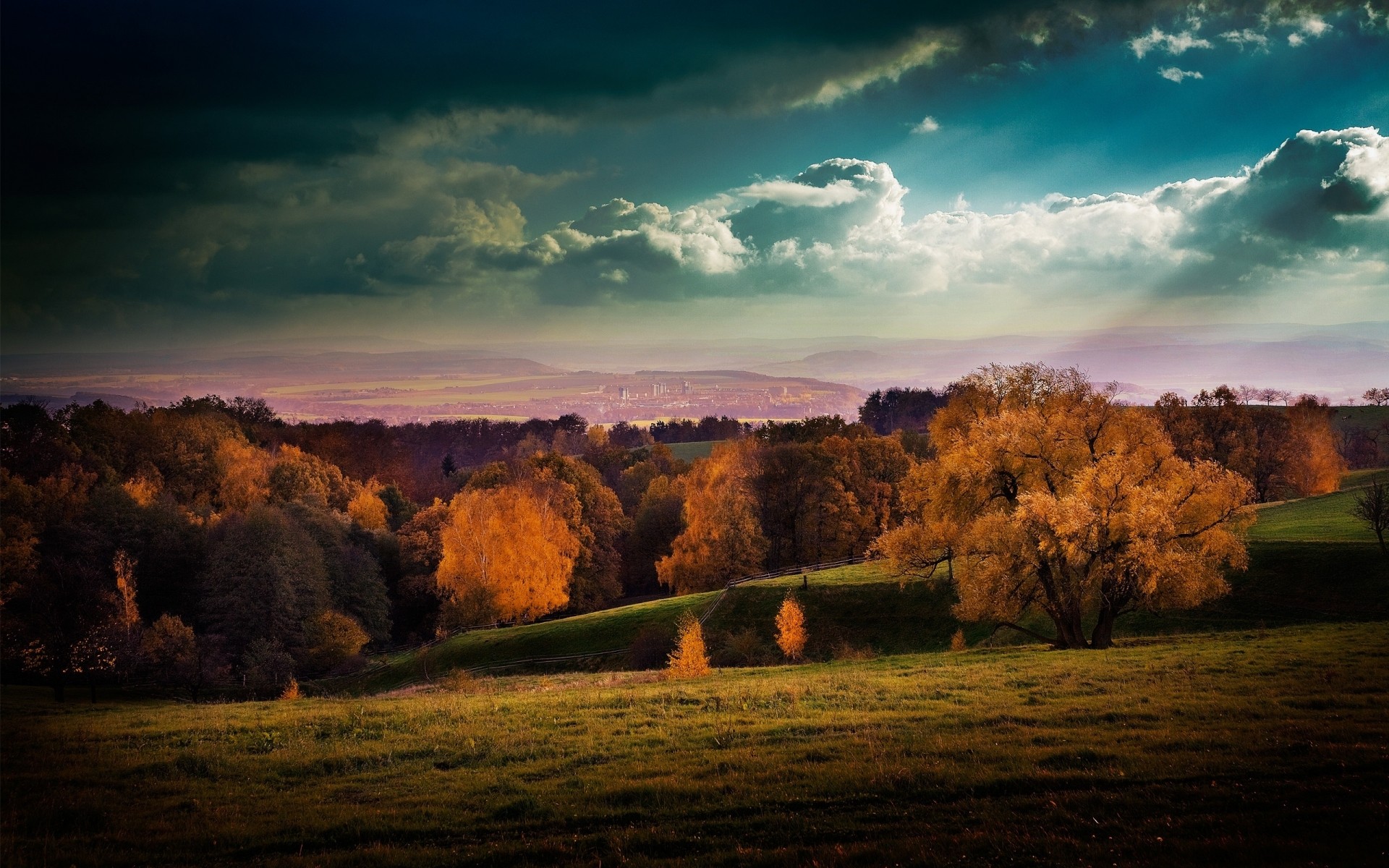 autumn fall sunset landscape dawn tree nature sky evening outdoors countryside light sun grass wood dusk scenery background view trees