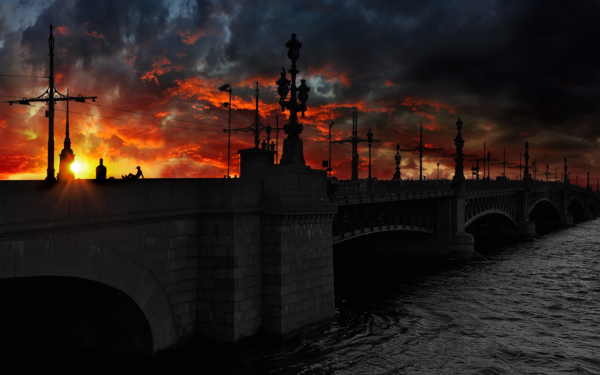 russia sunset bridge silhouette smoke dawn city sky flame tower river water light evening travel