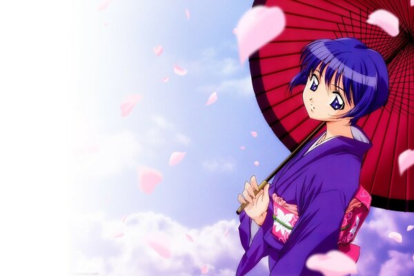 Japanese anime girl with a red umbrella