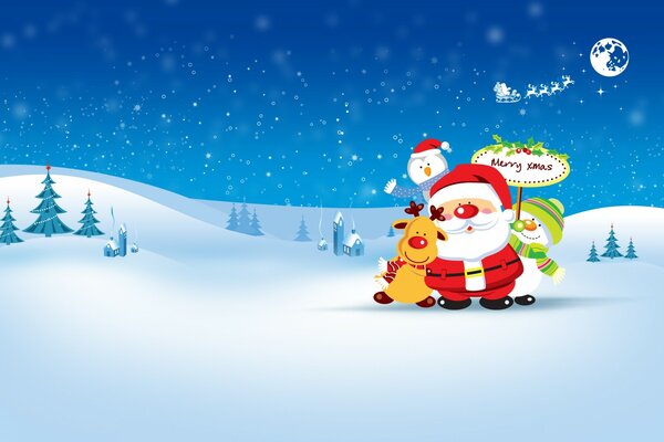 Santa Claus with a reindeer and a snowman on the background of the moon