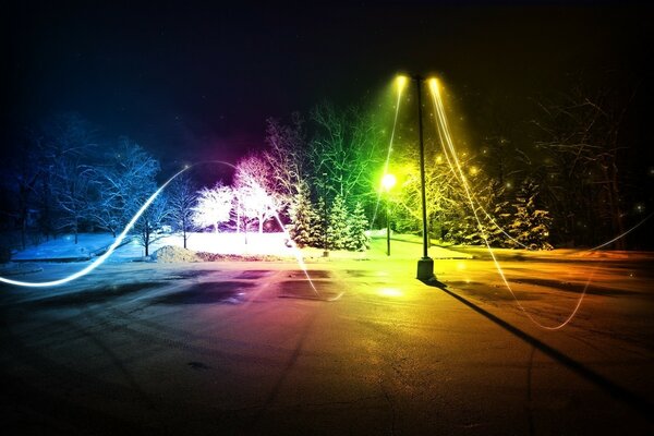 Lanterns in the park with fabulous winter lighting