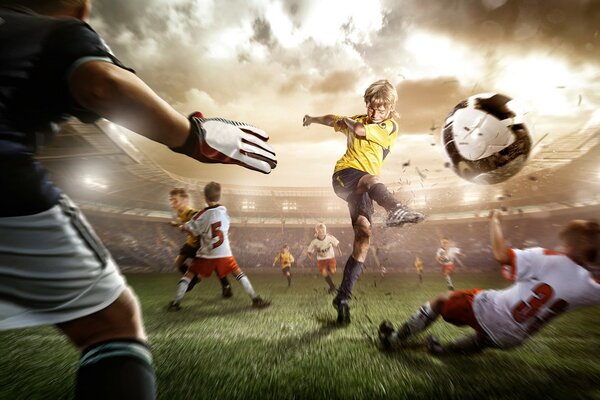 Juego de fútbol para niños en el estadio