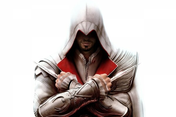 Portrait of a hooded man with knives