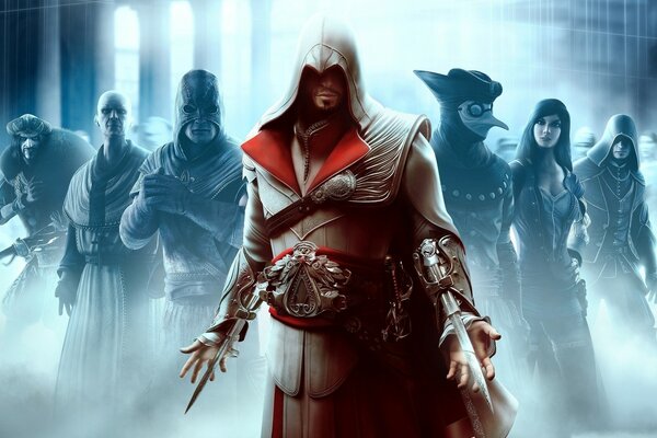 Kahverengi giysili assassin s creed karakterleri diğer kahramanlarla birlikte duruyor