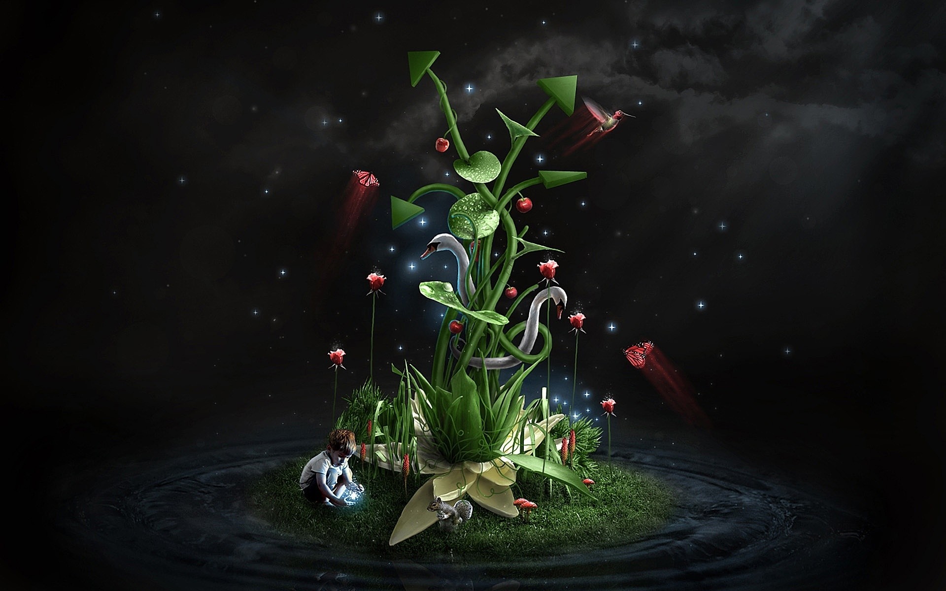 photo manipulation moon light nature galaxy fantasy motion tree swans art background butterfly