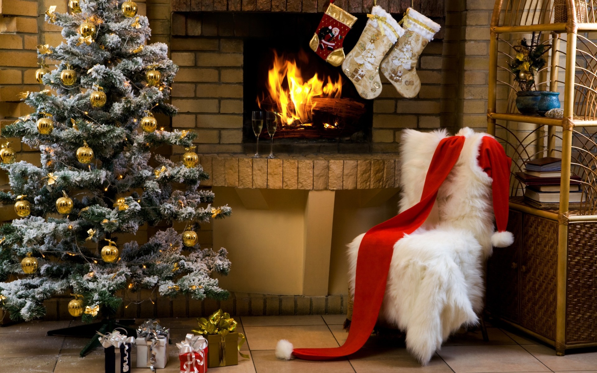 christmas interior design indoors room furniture fireplace one flame family house chair celebration tree gifts presents