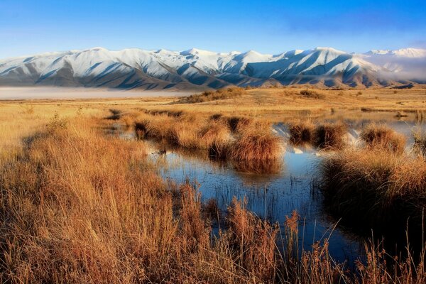 Photo of a lake on the background of snowy mountains