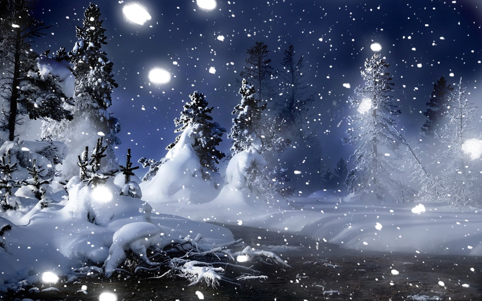 landscapes snow winter christmas cold moon forest trees park white stars