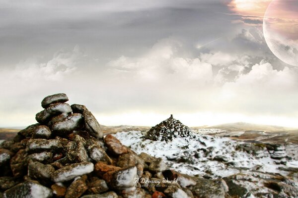 Foam waves break on the rocky shore