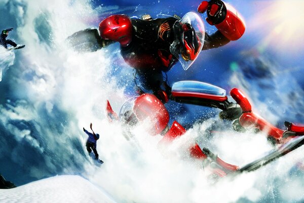 Fantastico robot rosso che cavalca lo snowboard