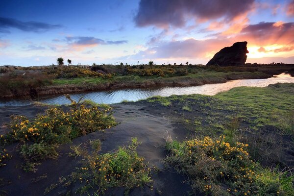 River landscape on sunset background