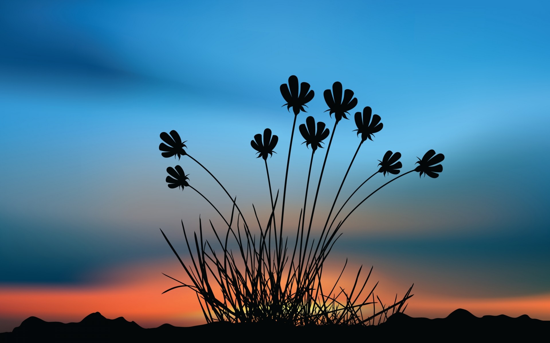 drawings nature sun sky sunset dawn silhouette summer flower grass outdoors flora light landscape tree fair weather color background blue plants