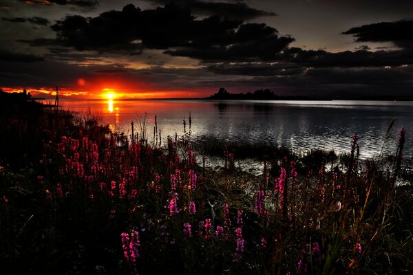 Sunset. Dark blue lake at dusk