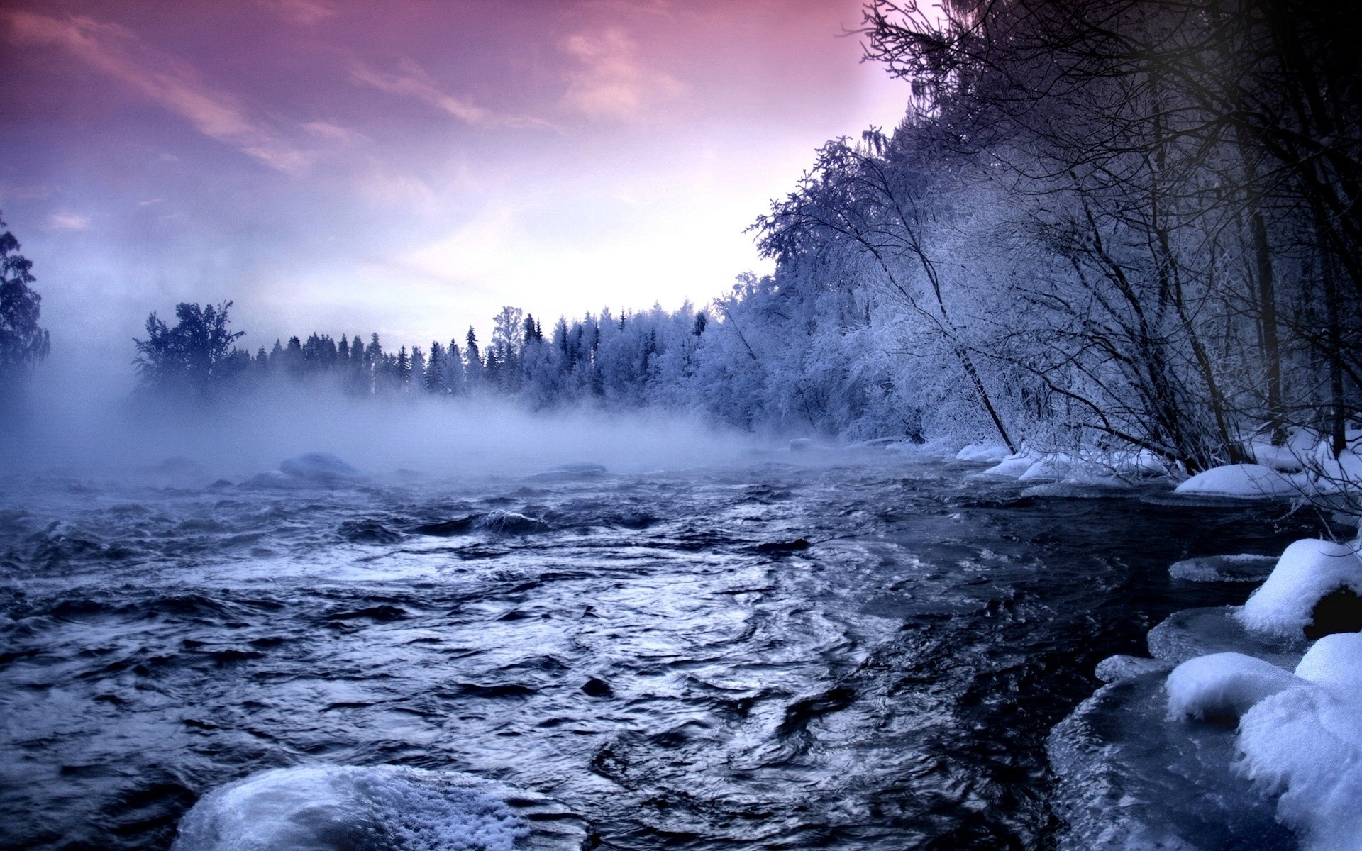 winter wasser landschaft natur schnee kälte fluss im freien nebel nebel