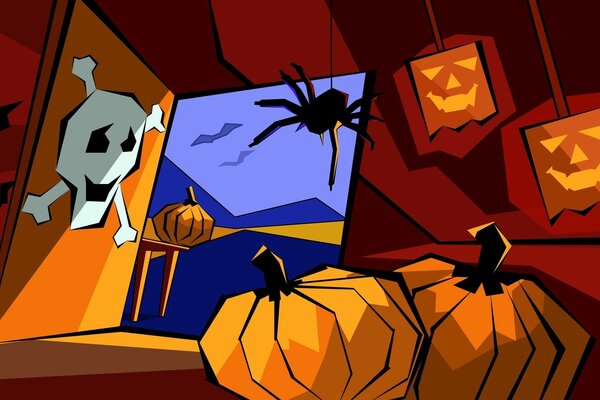 Ilustração de Halloween com abóboras, crânio e aranha