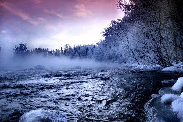 Foresta innevata con acqua tempestosa e scura