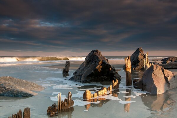 Plage sauvage avec de grandes vagues de la mer