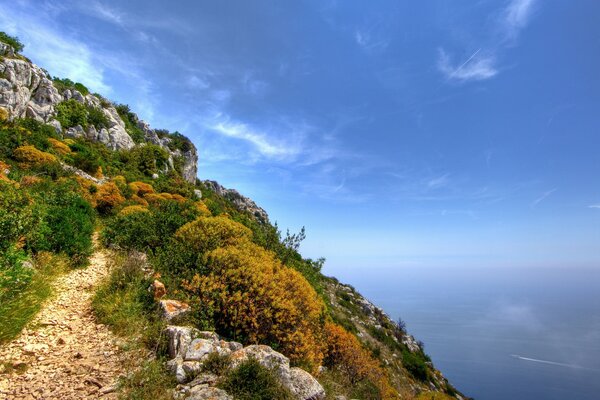 Terrain montagneux avec des pierres et de la végétation avec vue sur la mer