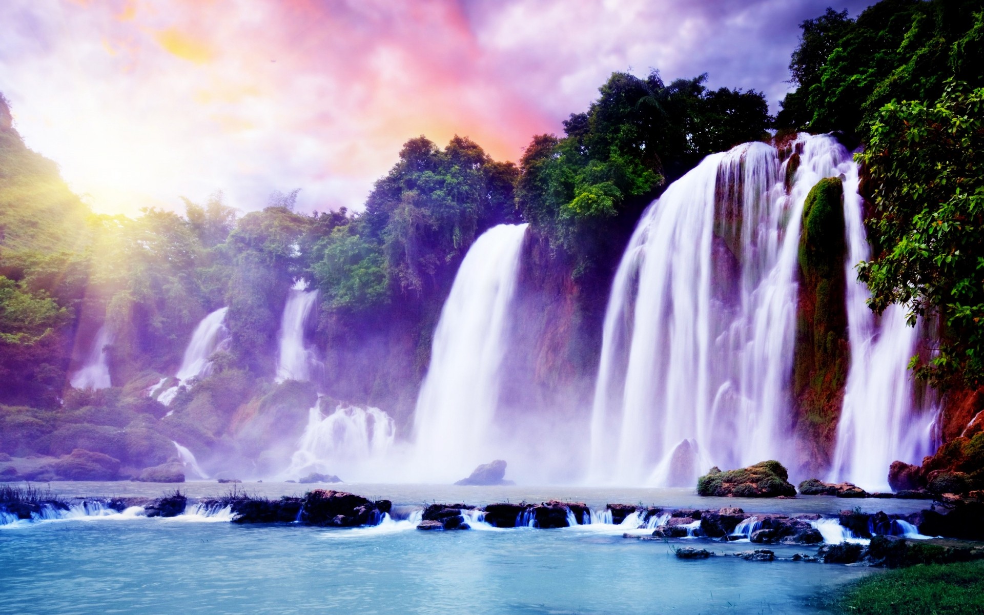 landschaft wasser wasserfall fluss natur landschaft park reisen kaskade im freien fließen herbst schön fließen regenbogen sommer spritzen landschaftlich bewegung rock lila hintergrund bilder foto