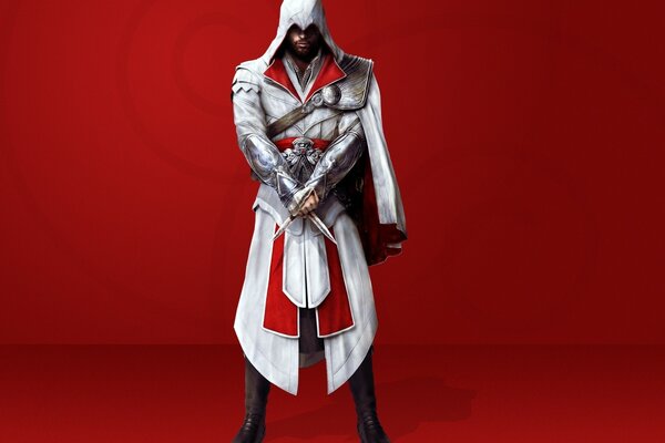 Le personnage d Assassin s creed est centré sur un fond rouge vêtu de vêtements blancs