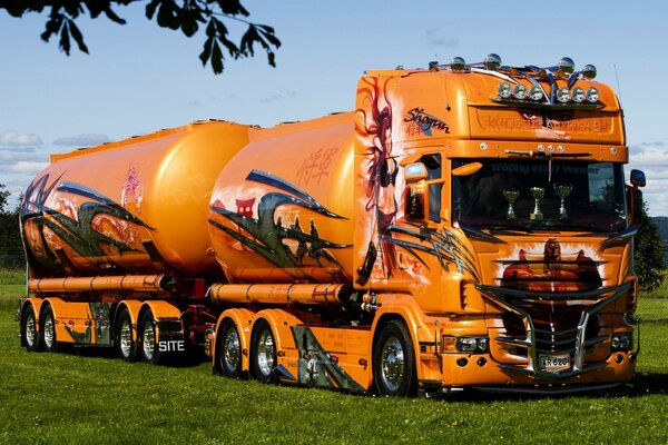 Camion orange dans le champ