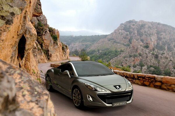 Peugeot negro en una carretera de montaña