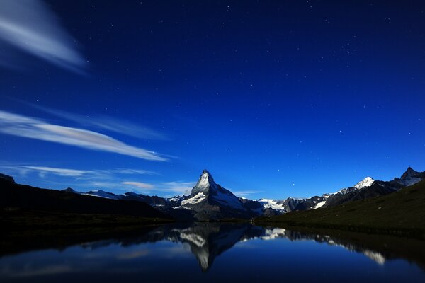 Night landscape, mountain on lake background