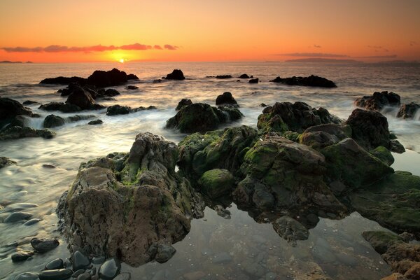 Felsen im Meer bei Sonnenuntergang