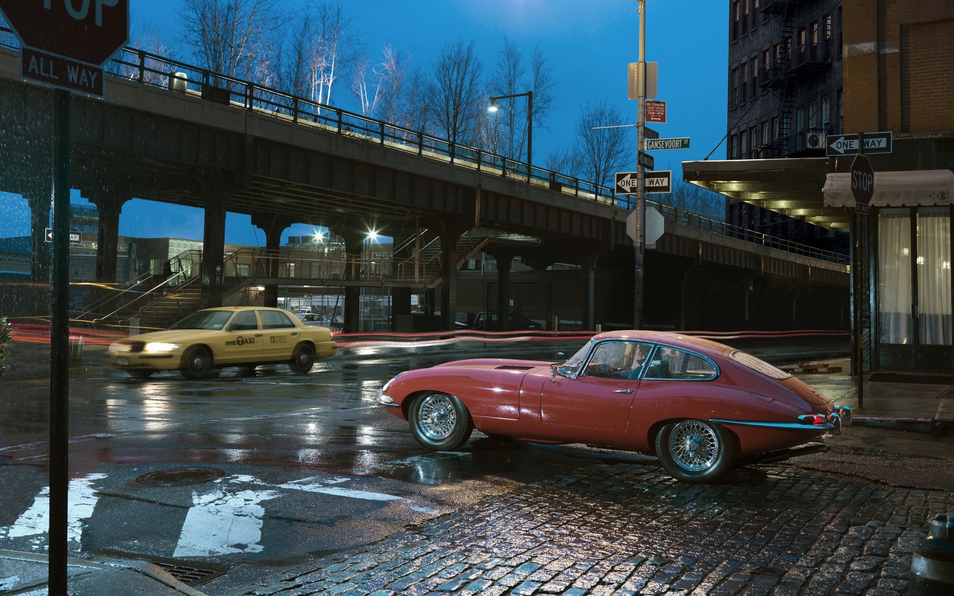 classic / old cars auto auto straße transportsystem straße stadt reisen städtisch licht verkehr haus für jaguar e typ