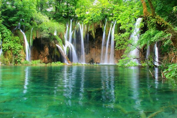 Waterfalls with green trees, blue water