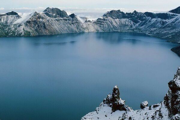 Winter mountain landscape with lake