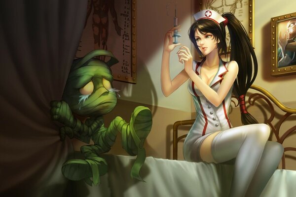 A nurse in an erotic outfit prepares an injection