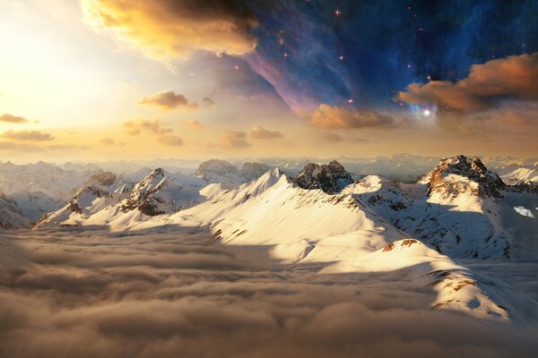 Photo processing of snowy mountains at sunset