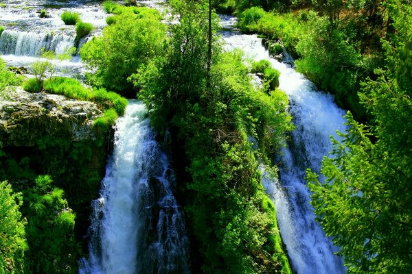 Landschaft. Wasserfall. Gepflegte Bäume. Geschützter Ort