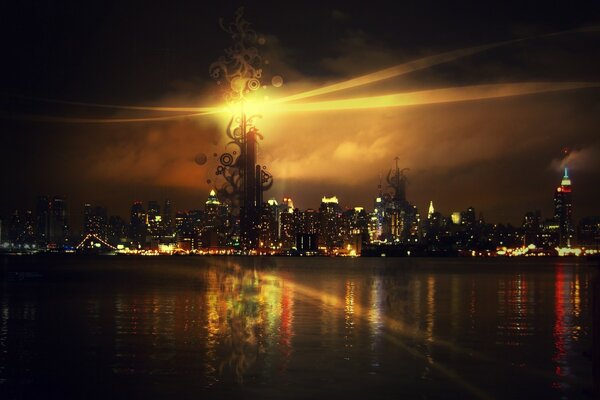 Fotografía de la torre en la ciudad junto al río