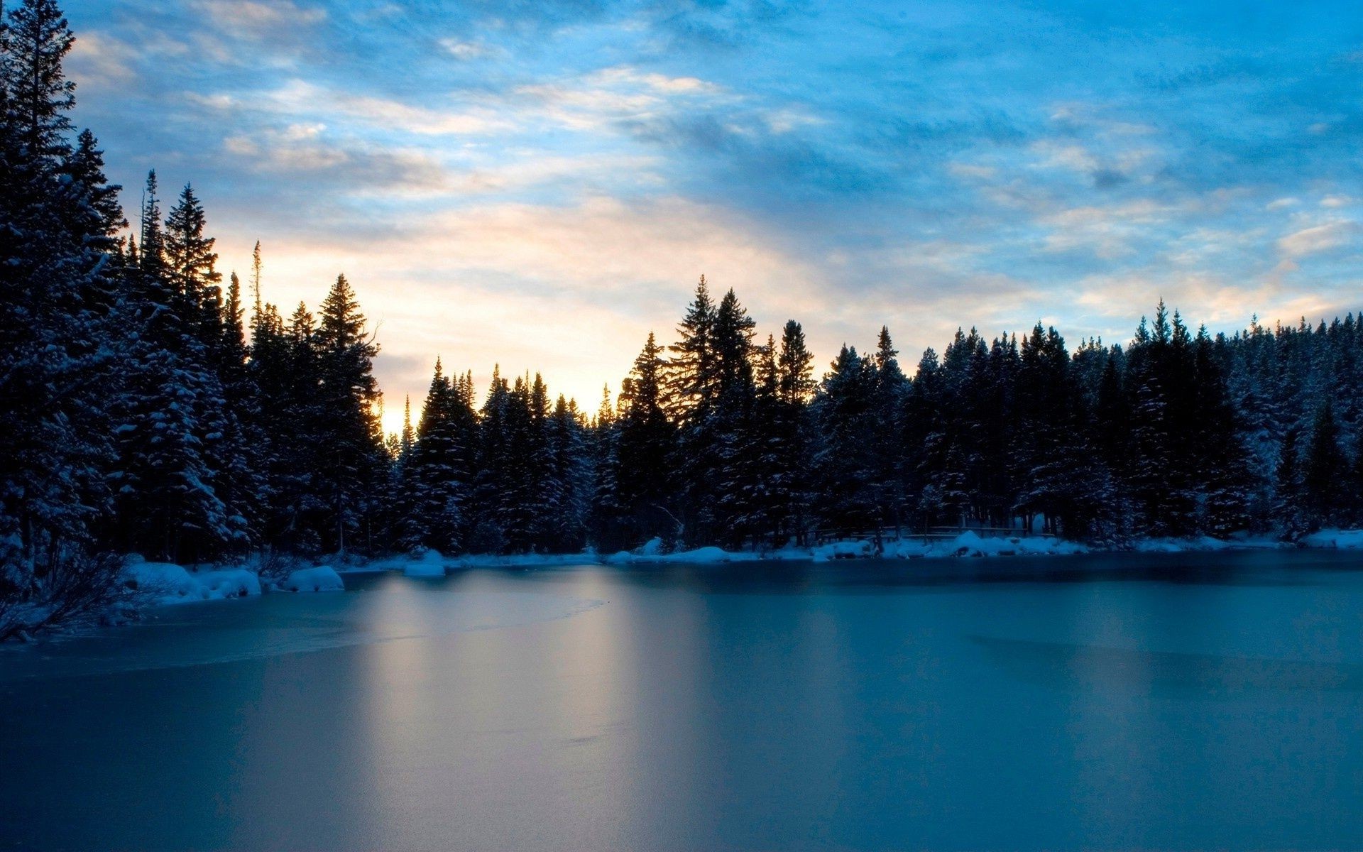 lake water snow nature wood dawn winter landscape tree outdoors reflection sky cold