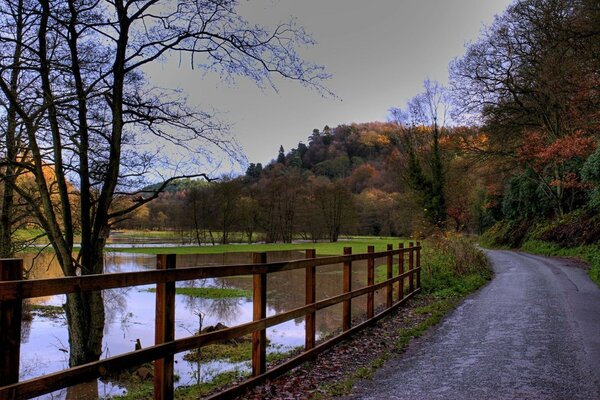 El camino del lago en otoño. Hojas de ópalo