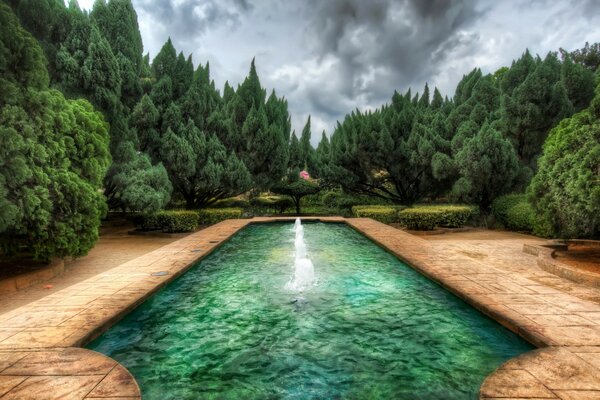 Schöne Landschaft im Park mit einem Teich am Himmelshintergrund