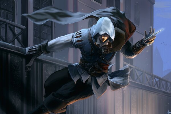 Un personnage animé d assassin s creed saute