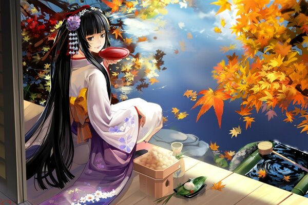 Anime. ragazza e fogliame autunnale