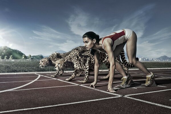 Mujer atleta a la par con guepardos en el arranque