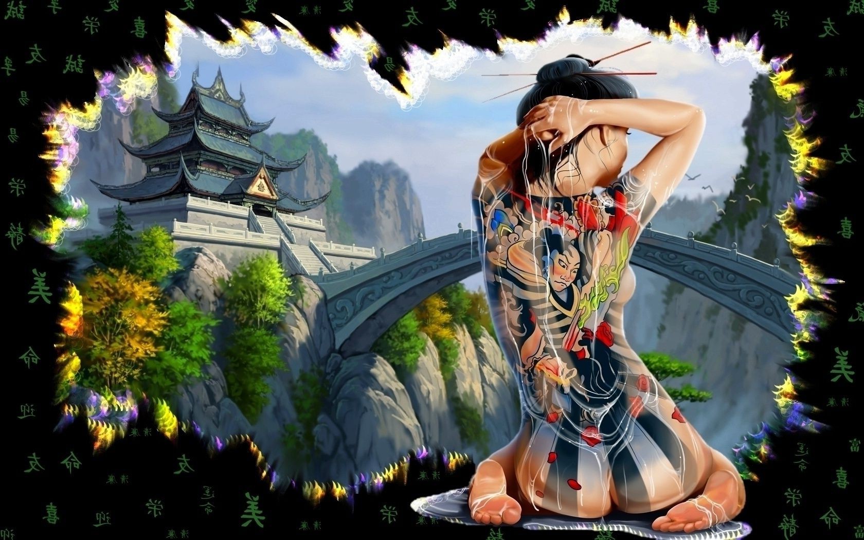 Charming beautiful pose of beautiful yakuza woman with green and brown eyes  with tattoo with colorful pattern 2K wallpaper download